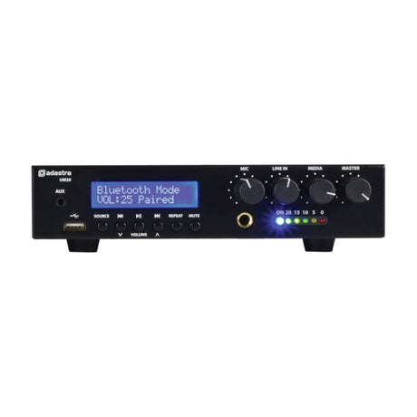 Adastra UM30 ultra compact 100V mixer-amplifier in black with LCD display, USB and aux inputs, control buttons, four rotary knobs and LED meter.