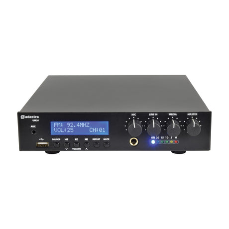 Adastra UM30 ultra compact 100V mixer-amplifier in matte black with LCD display, USB and aux ports, playback buttons, four control knobs and LED meter.