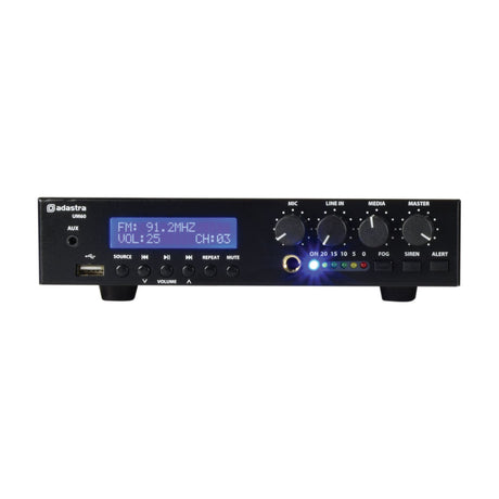 Adastra UM60 mixer-amplifier front panel with LCD display, USB port, AUX jack, source/volume buttons, and Mic, Line In, Media, Master dials.