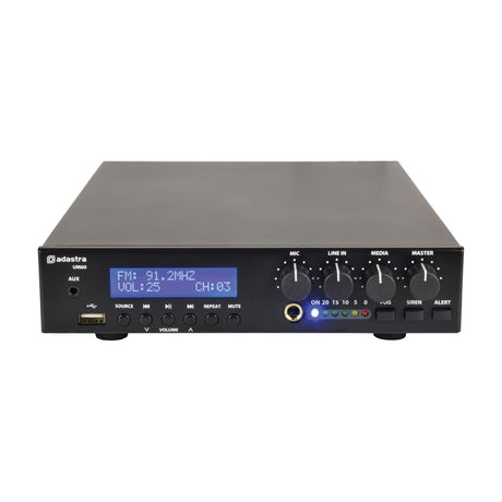 Adastra UM60 black mixer-amplifier with LCD display, MIC/LINE IN/MEDIA/MASTER knobs, USB port, AUX jack, and control buttons on a white background.