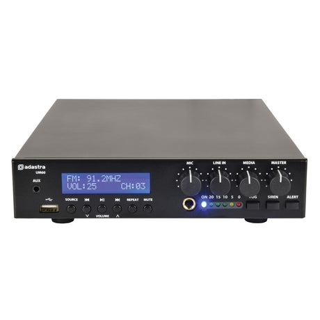 Introducing the Adastra UM60 Compact 100V Mixer-Amplifier, featuring a sleek black design with a digital display that shows FM: 91.2MHz, VOL: 25, CH: 03. Ideal for PA installations, its front panel is equipped with knobs for mic, line in, media, and master volume controls along with buttons for power and source selection. The built-in Bluetooth offers enhanced versatile control options.