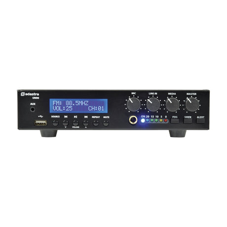 Adastra UM90 ultra compact 100V mixer-amplifier in black with LCD display, USB port, aux jack, source buttons, four control knobs and alarm buttons.