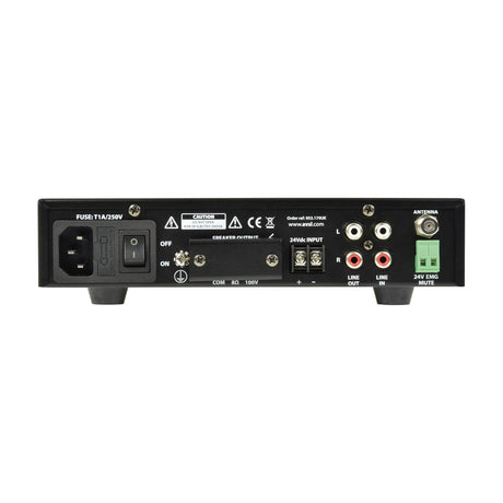 Rear panel of the Adastra UM90 compact 100V mixer-amplifier by AVSL, showing IEC power inlet, speaker screw terminals, 24Vdc input, RCA line in/out and antenna.