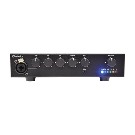 Adastra UA30 compact 5-channel 100V mixer-amplifier in black half-width housing with XLR input, volume knobs, aux jack, master control and LED meter.