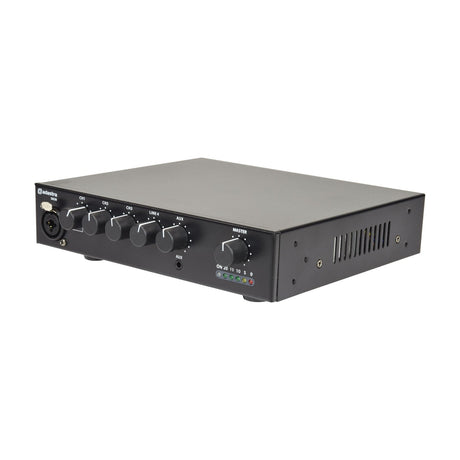 Adastra UA30 compact 5-channel 100V mixer-amplifier in black half-width housing with XLR input, channel volume knobs, master dial and LED level meter.