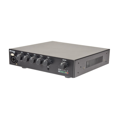 Adastra UA60 compact 5-channel 100V mixer-amplifier in matte black with XLR input, channel volume knobs, aux jack, master dial and LED level indicators.