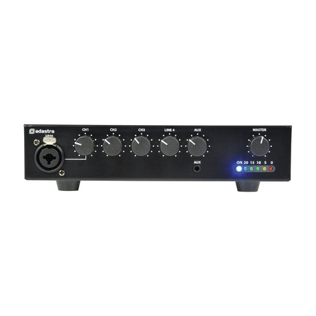 Adastra UA90 mixer-amplifier front panel with XLR input, five channel knobs, Aux jack, Master control, and LED meter, black casing on white background.