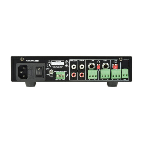 Rear panel of the Adastra UA90 mixer-amplifier showing IC power inlet, fuse, speaker terminals, RCA line outputs, and channel input connectors on black casing.