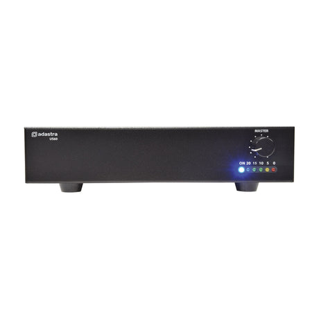 Adastra US60 compact 100V slave PA amplifier in matte black half-width 1U housing with master volume knob and lit LED level indicators.