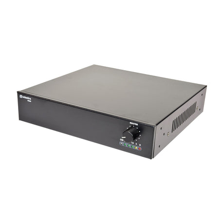 Adastra US60 compact 100V slave amplifier in a black half-width 1U casing with master volume knob, LED level indicators, and side vents.