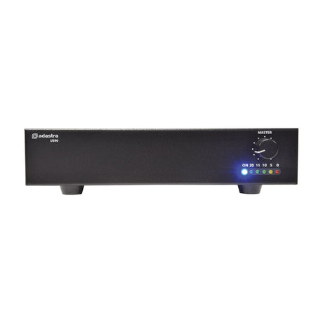 Adastra US90 100V black slave amplifier in a half-width 1U case, featuring a master volume knob and LED level indicators, on a white background.
