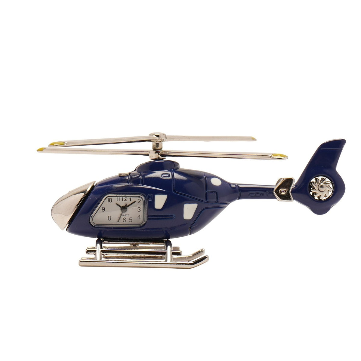 Miniature Helicopter Metal Mantel Clock - Navy & Silver