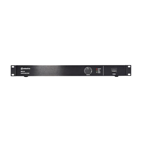 Adastra RS121 100V line slave amplifier, black 19" rack unit with master volume knob, status LEDs, and power switch, shown on a white background.