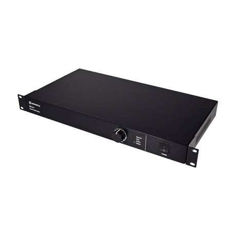 Adastra RS121 100V line Class-D slave amplifier in a black 1U rack-mount case with a volume knob, status LEDs, and power switch.