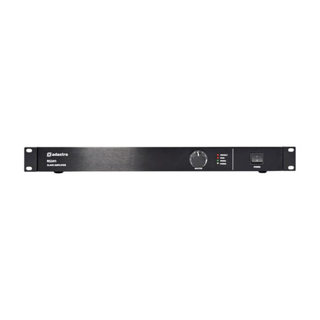 Adastra RS241 100V line slave amplifier in a black 19" rack case with master volume knob, status LEDs, and power switch, on a white background.