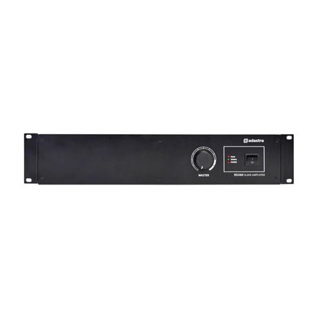 Adastra RS360 100V line slave amplifier, black rack-mount unit with Master volume knob, power switch, and peak/signal/power LEDs.