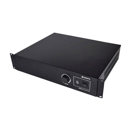 Adastra RS360 100V line slave amplifier in black rack-mount casing with volume knob, power switch, and peak/signal/power LEDs on white background.