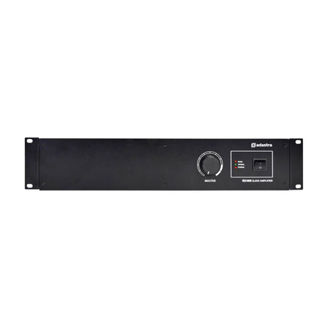 Adastra RS480 100V line slave amplifier, black 2U rack unit with master volume knob, power switch and peak/signal/power LEDs, on a white background.