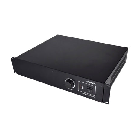 Adastra RS480 100V line slave amplifier in black 2U rack casing with master volume knob, LED indicators and power switch, shown on a white background.