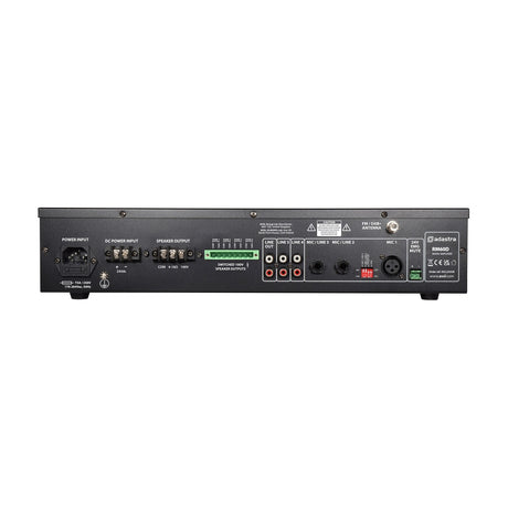 Rear panel of the Adastra RM60D matte black mixer-amplifier, showing power input, speaker terminals, RCA line inputs, XLR mic input, and DAB+ antenna connector.