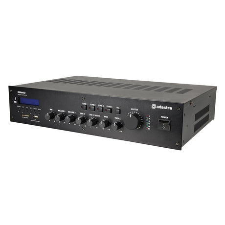 The Adastra RM60D Mixer-Amplifier 100V BT/DAB+ is a black, rack-mountable audio amplifier featuring Bluetooth connectivity and multiple control knobs. It is equipped with two microphone inputs, zone selectors, and tone controls for bass and treble. Its front panel also includes a master volume knob and a digital display.