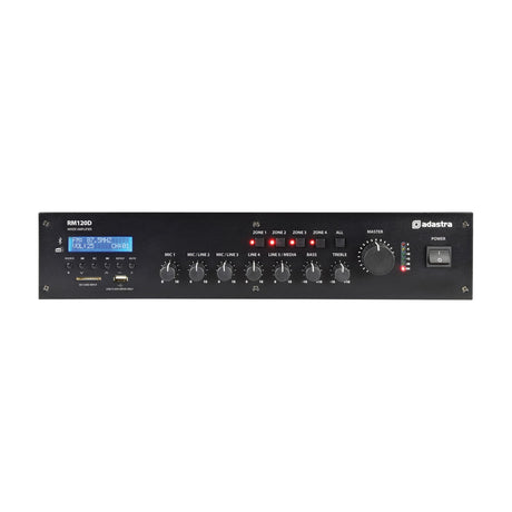 Adastra RM120D 100V DAB+ Bluetooth mixer-amplifier in black rack-mount casing with LCD display, zone selector buttons, and control knobs on a white background.
