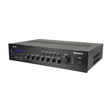 Adastra RM120D 100V mixer-amplifier, black rack-mount unit with input dials, zone buttons, master volume knob, and LCD display.