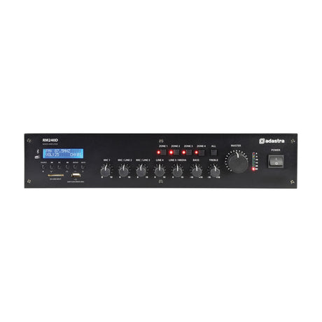 Adastra RM240D mixer-amplifier rack unit in black with LCD display, input knobs, zone buttons, master dial and power switch, shown on a plain white background.