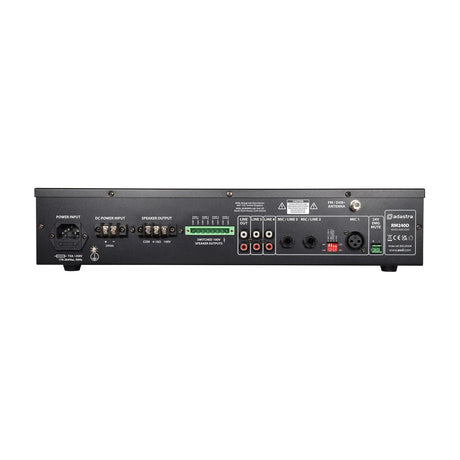 Adastra RM240D rear panel with power/DC inputs, speaker terminals, line and mic/line RCA/jack inputs, DIP switches, XLR ports, and antenna connector.