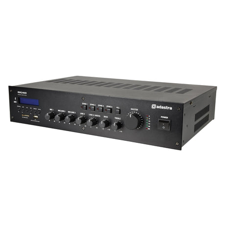 The Adastra RM240D Mixer-Amplifier 100V BT/DAB+ is designed for commercial sound installations and features multiple control knobs for adjusting microphone and line inputs, bass, and treble. It also provides Bluetooth connectivity, a blue digital display, and an illuminated power button on the right side.