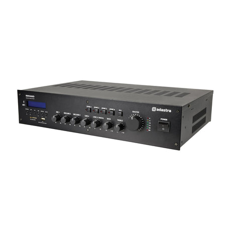 Adastra RM360D matte black rack mixer-amplifier with input knobs, zone buttons, master dial, LCD display and power switch on white background.
