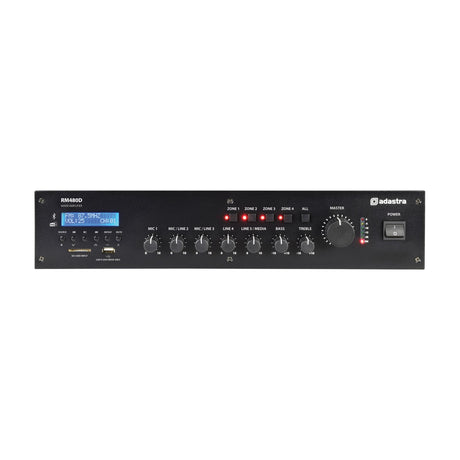 Adastra RM480D 100V mixer-amplifier in black rack-mount casing with input knobs, zone buttons, LCD display, master dial, and power switch, on white.