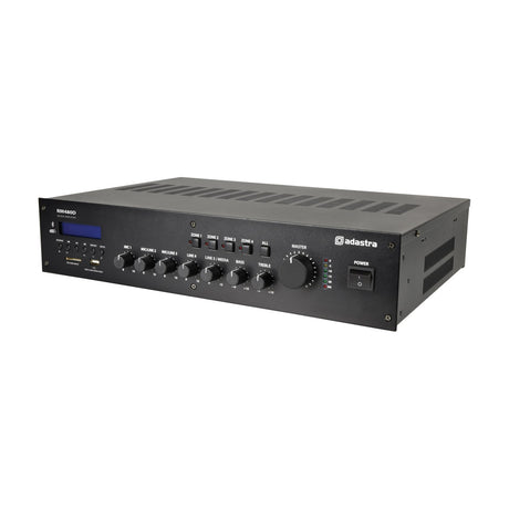 Black Adastra RM480D 100V rack-mount mixer-amplifier with LCD display, input dials, zone switches, and master volume knob on a white background.
