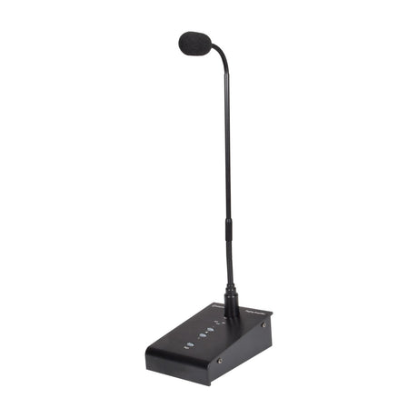 Adastra COM230 2-Zone Paging Station with black gooseneck microphone and rectangular control base, shown on a white background.