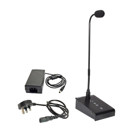 Adastra COM230 2-zone paging station with gooseneck microphone, control base, mains power adapter and UK plug cable, on a white background.