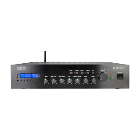 Adastra RM120-WIFI black rack-mount mixer-amplifier with WiFi antenna, LCD display, USB port, input knobs, zone buttons, and master volume dial.