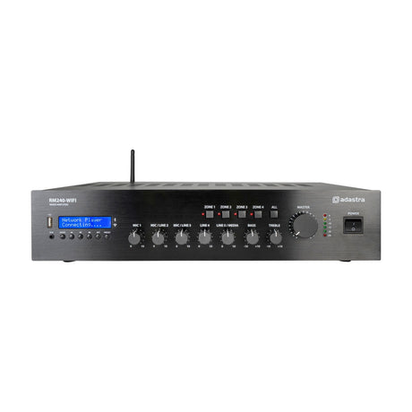 Adastra RM240-WIFI mixer-amplifier with LCD display, USB port, zone buttons, input knobs, master dial, power switch and aerial on a white background.