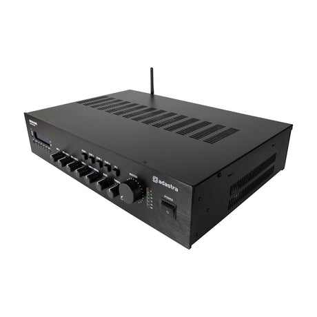 Adastra RM240-WIFI black rack-mount mixer-amplifier with zone buttons, bass, treble, master dial, LED meter, power switch, and WiFi aerial.