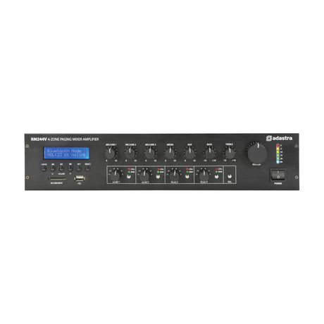 Adastra RM244V 4-zone paging mixer amplifier in black 2U rack format with LCD display, input knobs, zone controls, master dial and power switch.