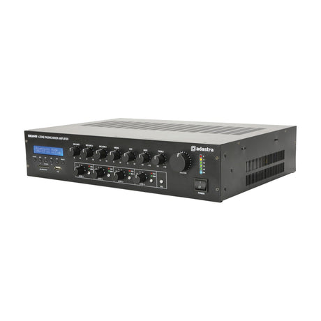 Adastra RM244V 4-zone 100V paging mixer amplifier in black with LCD display, rotary channel and zone controls, master dial, and power switch.