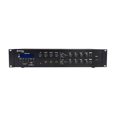 Adastra V-122 dual zone 100V mixer-amplifier in black rack unit with media player display, SD/USB inputs, mic/line jacks, EQ knobs and power switch.
