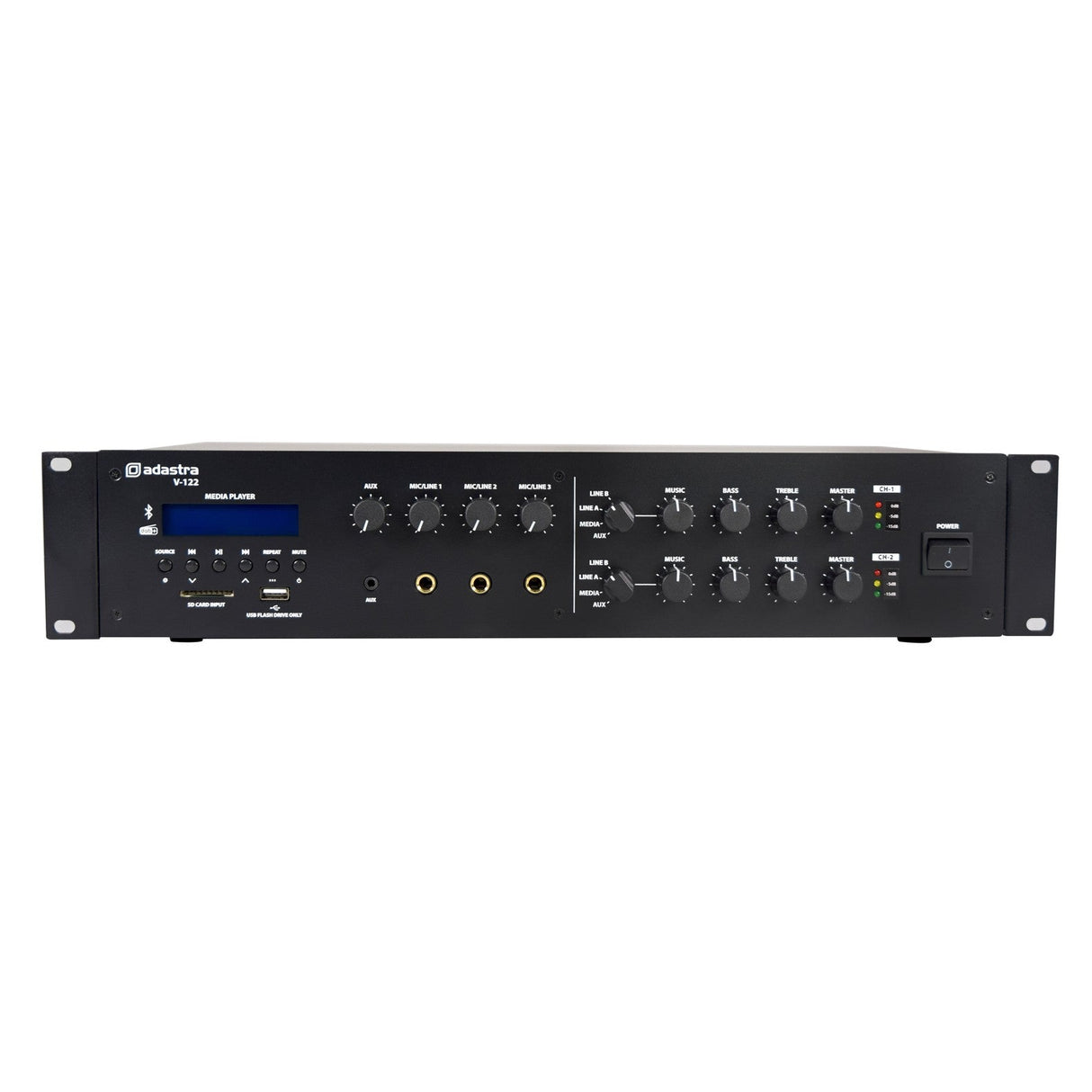 Front view of the Adastra V-122 Mixer-Amplifier 100V with DAB+/FM/USB/SD/Bluetooth, a sleek black unit designed for rack mounting. It features multiple control knobs, inputs, a display screen, and built-in Bluetooth capability to provide comprehensive audio management and adjustment functions.