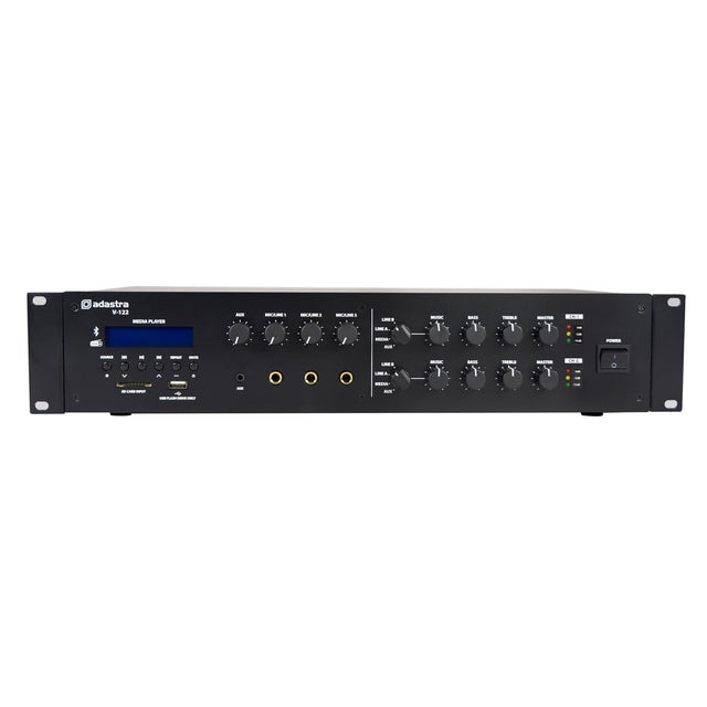 Front view of the Adastra V-122 Mixer-Amplifier 100V with DAB+/FM/USB/SD/Bluetooth, a sleek black unit designed for rack mounting. It features multiple control knobs, inputs, a display screen, and built-in Bluetooth capability to provide comprehensive audio management and adjustment functions.