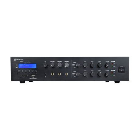 Adastra V-242 dual-zone mixer-amplifier with black front panel, rotary controls, LCD display, USB and SD inputs, and power switch on a white background.