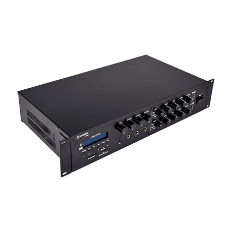 Adastra V-242 dual zone 100V rack-mount mixer-amplifier, angled view showing volume/EQ knobs, input jacks, LCD display, and rear controls.