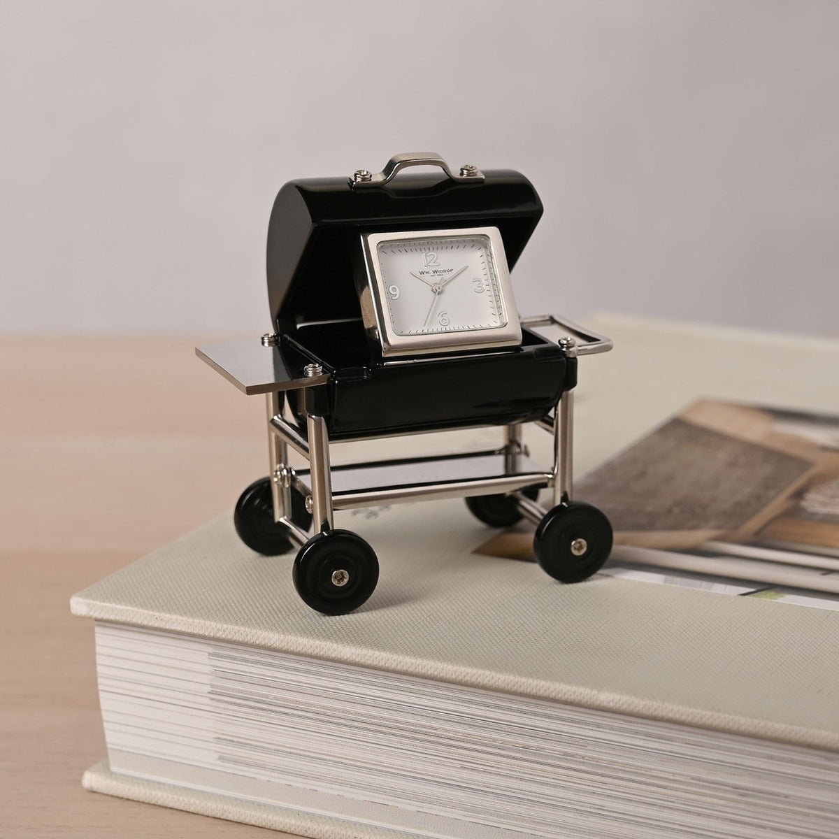 Barbecue Miniature Mantel Clock with Wheels - Black & Silver