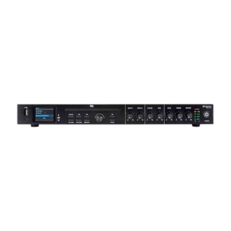 Adastra RMC-2150 rack-mount stereo mixer-amp with CD slot, USB port, display screen, control buttons, and input/bass/treble/master knobs on a black front panel.