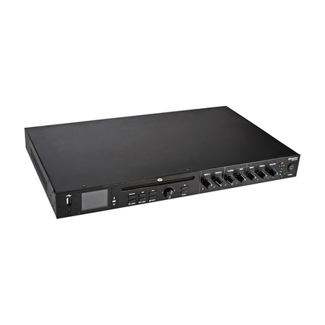 Adastra RMC-2150 black rack-mount stereo mixer-amp with CD slot, USB port, display, knobs, and sliders, shown at an angle on a white background.