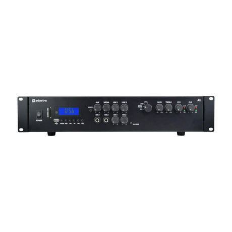 Adastra A2 stereo PA amplifier in a 1U black rack casing with power switch, SD/USB media player display, source knobs, mic jacks and EQ controls.