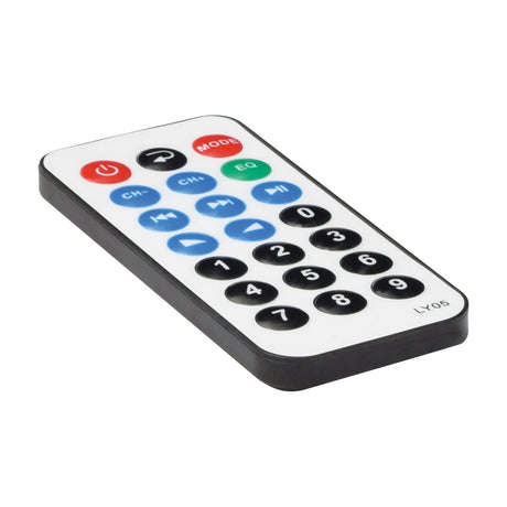 Handheld infrared remote for the Adastra A2 stereo PA amplifier with power, mode, EQ, channel, playback and numeric keypad buttons on white.